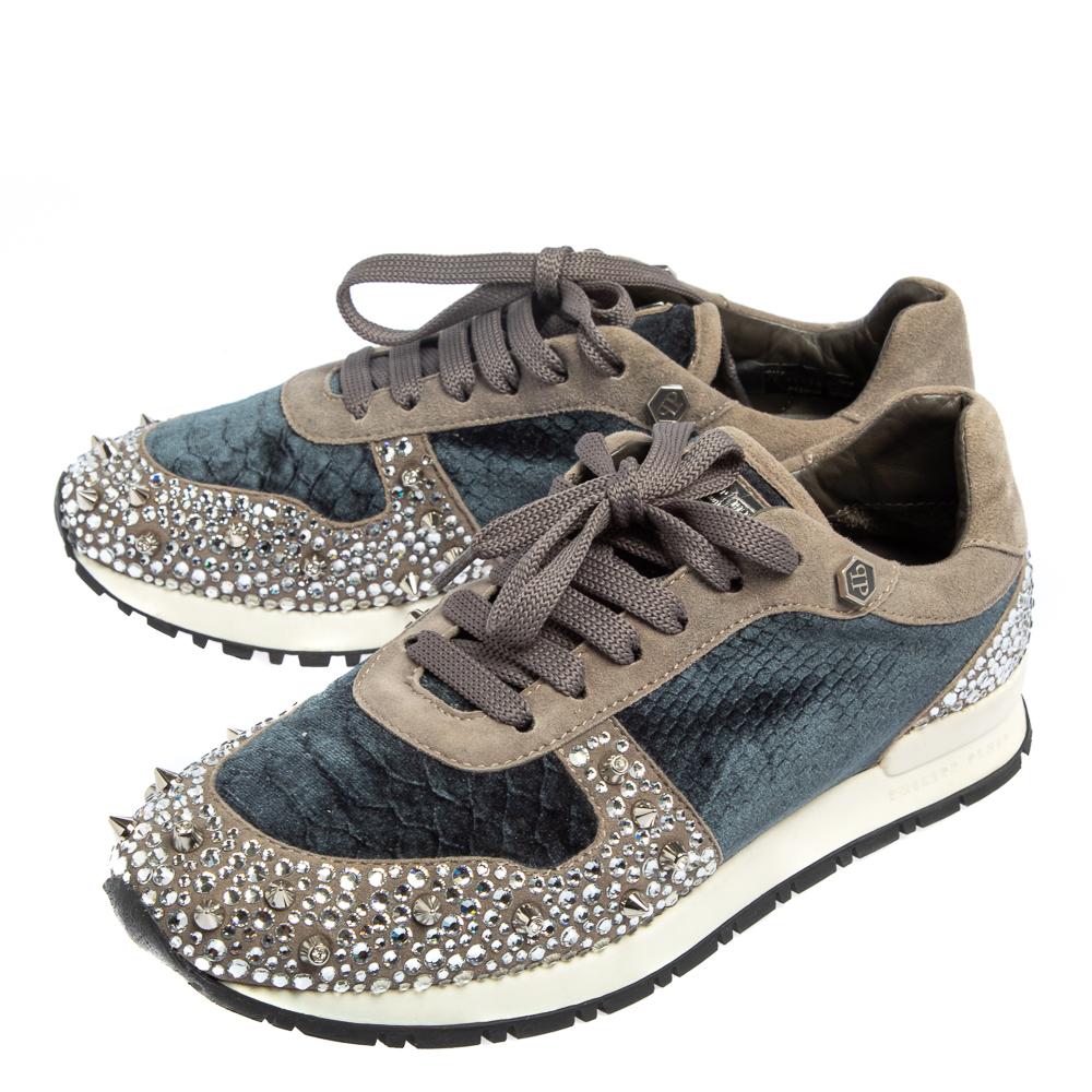 Philipp Plein Grey/Blue Suede and Velvet Spike Embellished Sneakers Size 37 2