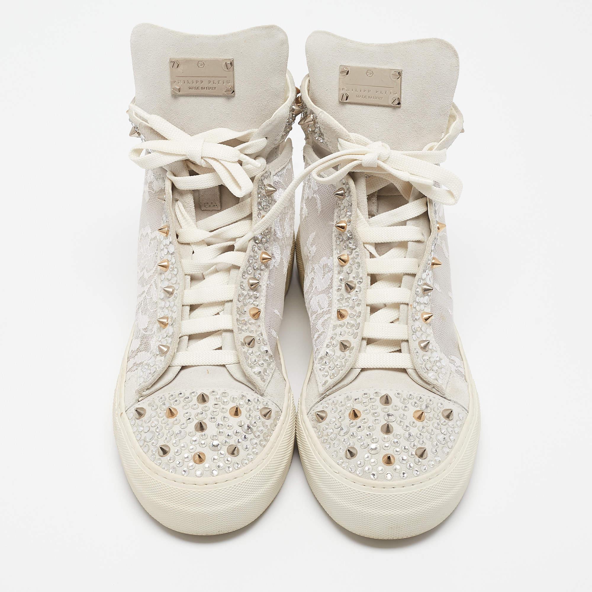 Gray Philipp Plein Grey Lace and Suede High Top Sneakers Size 39 For Sale