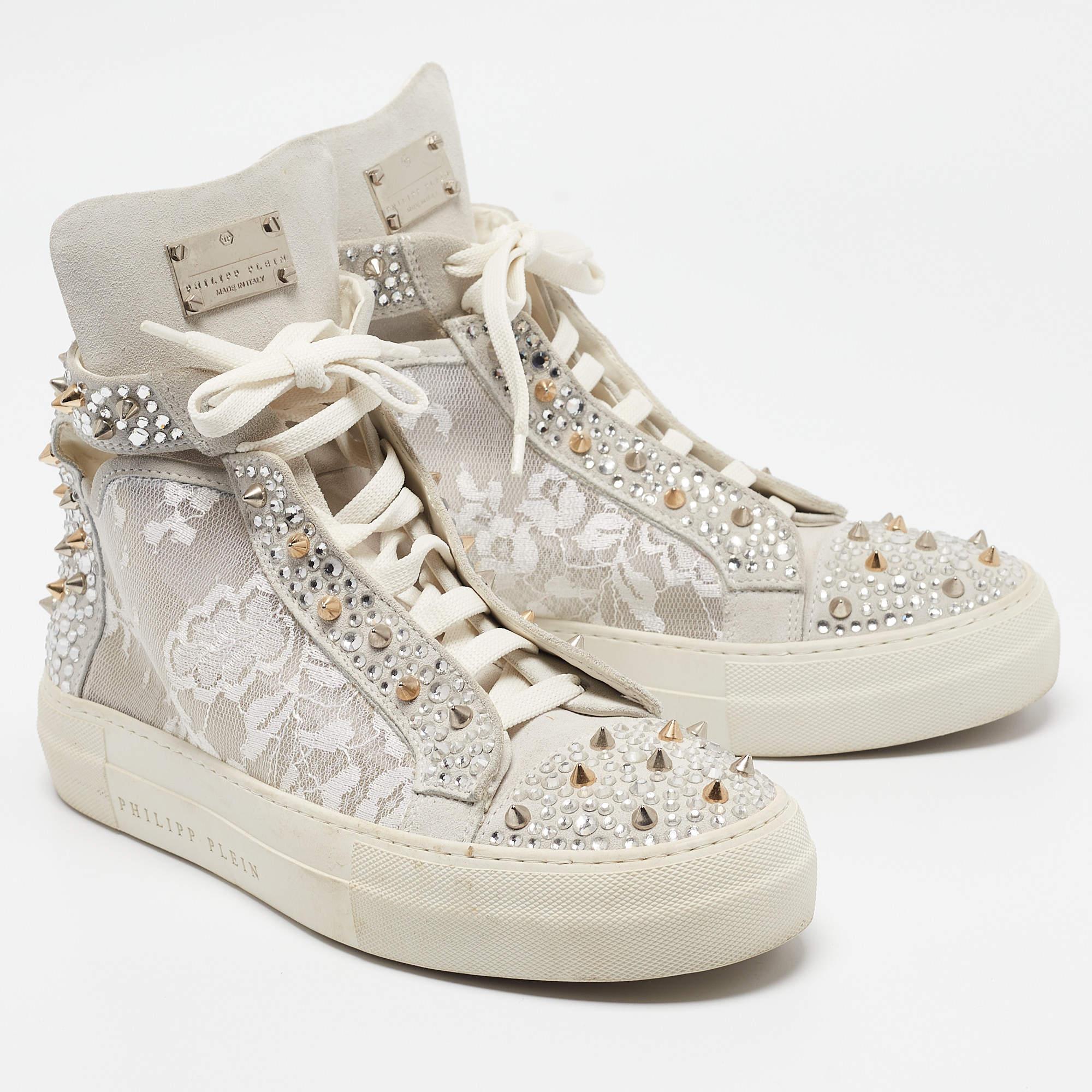 Philipp Plein Grey Lace and Suede High Top Sneakers Size 39 In Good Condition For Sale In Dubai, Al Qouz 2