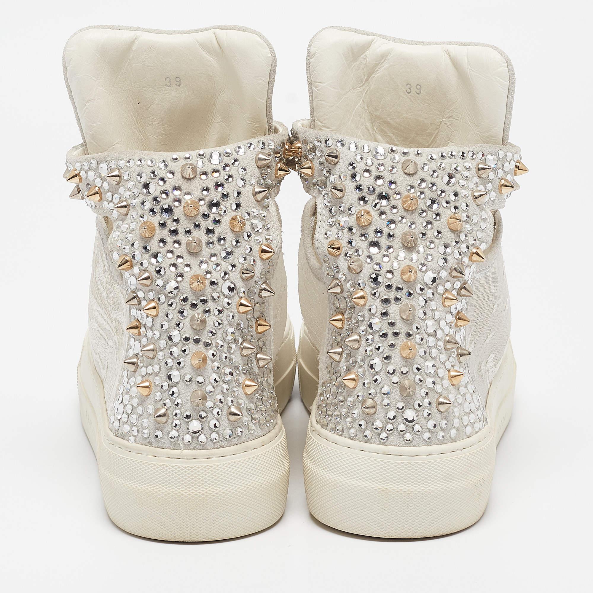 Women's Philipp Plein Grey Lace and Suede High Top Sneakers Size 39 For Sale