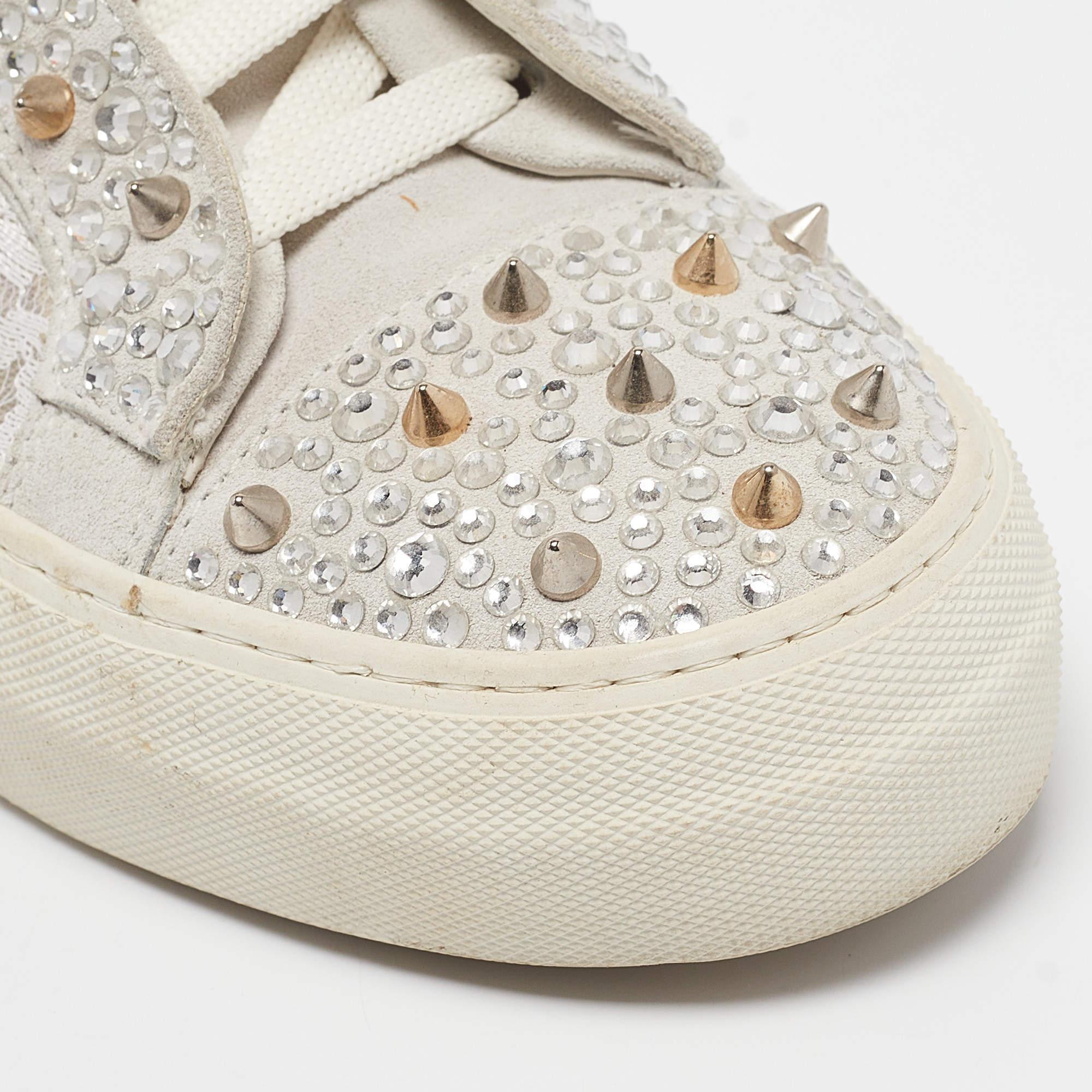 Philipp Plein Grey Lace and Suede High Top Sneakers Size 39 For Sale 3