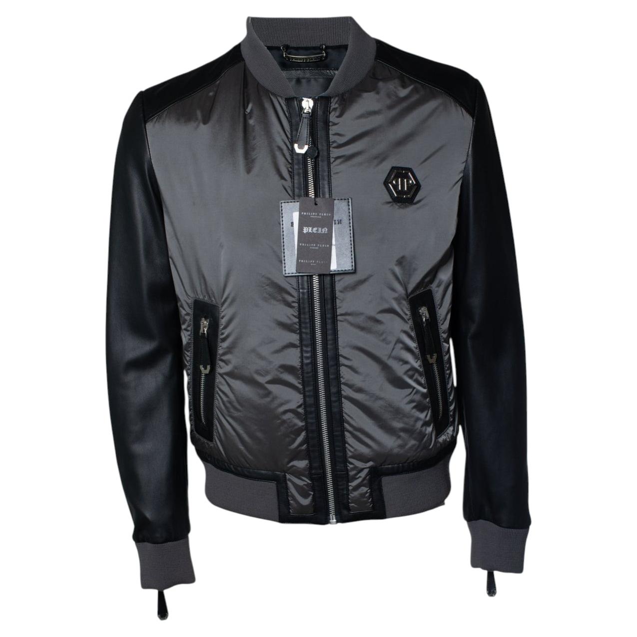 Philipp Plein, Cazadora bomber de nailon y cuero gris en venta