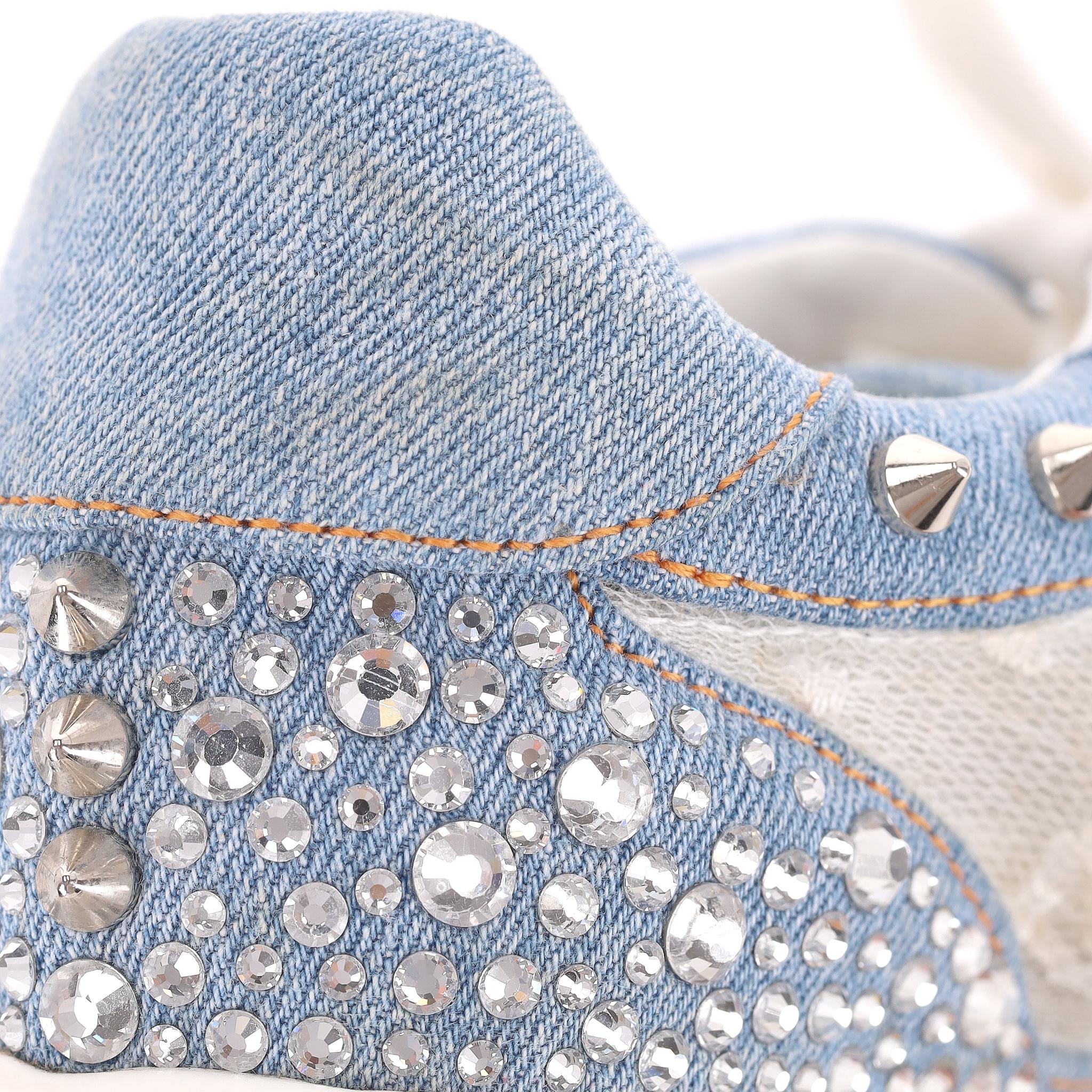 Philipp Plein Denim-Sportschuhe mit Spitze, Kristallen und Nieten verziert im Angebot 5