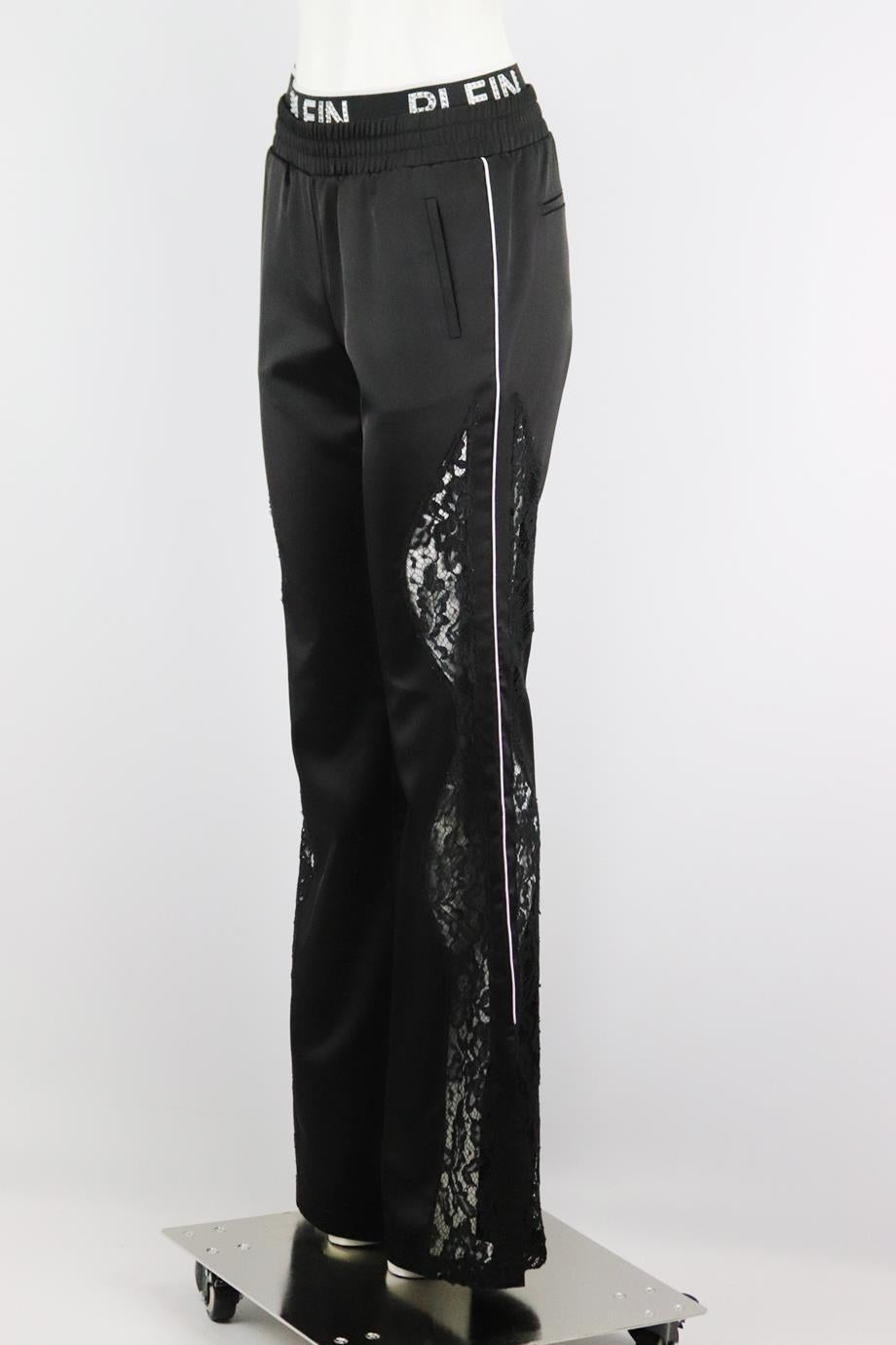 Black Philipp Plein Lace Trimmed Satin Wide Leg Pants Medium