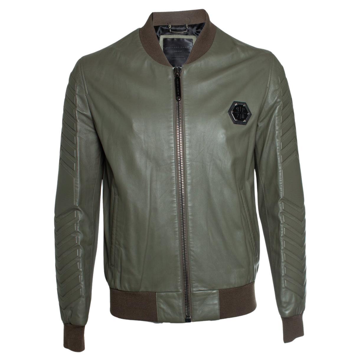 Philipp Plein, leather jacket in kaki For Sale