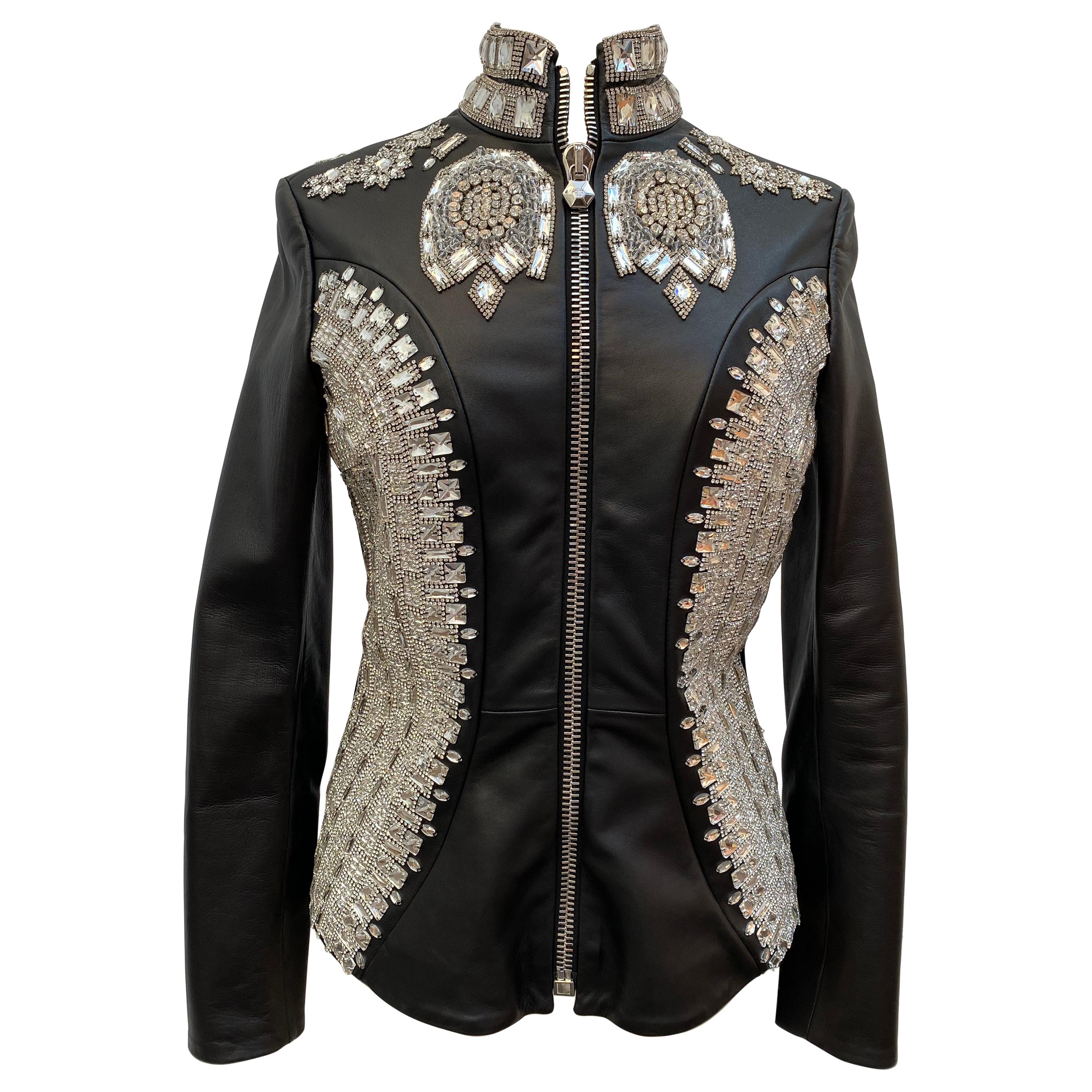 Philipp Plein Leather Jacket Swarovsky Studded For Sale at 1stDibs