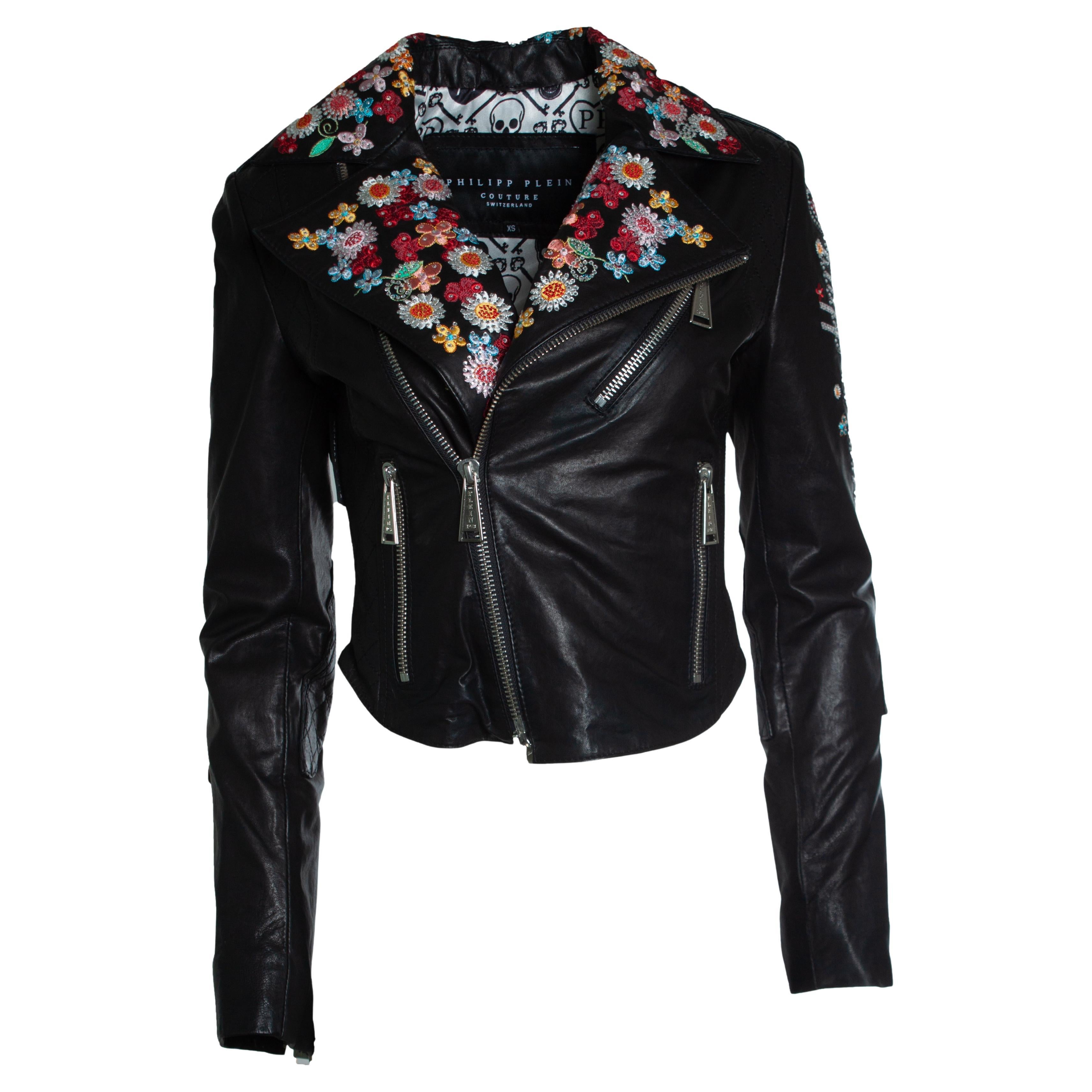 Philipp Plein, leather jacket with embroidery For Sale