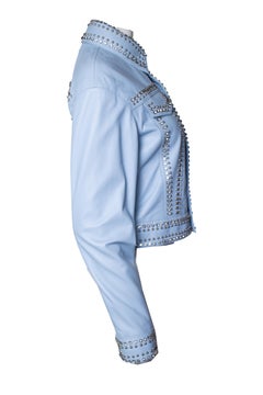 Philipp Plein, light blue leather jacket with studs and crystals