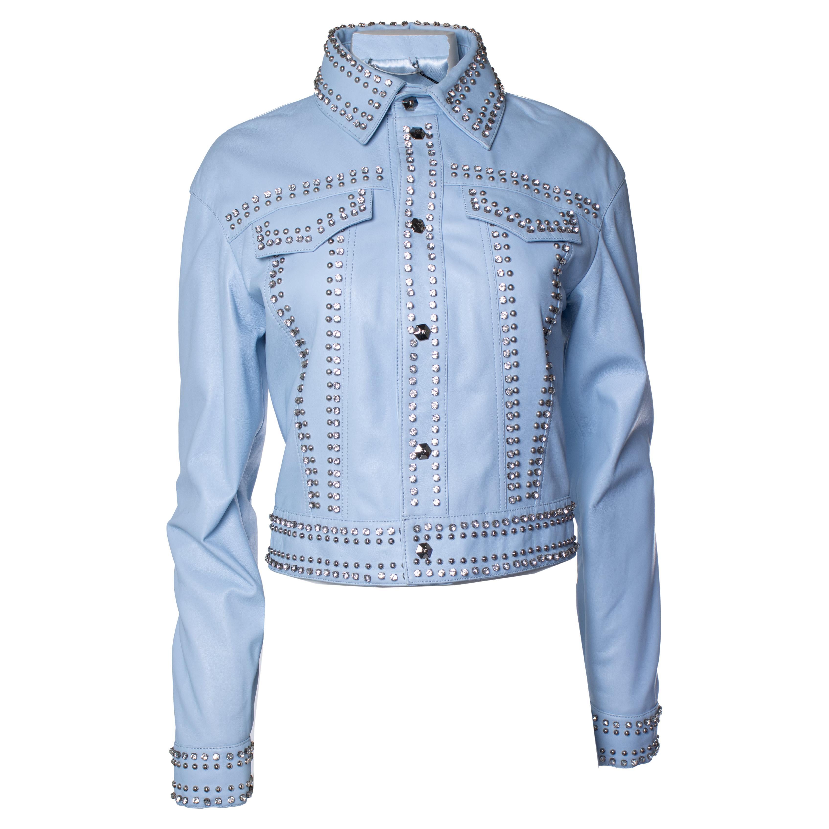 Philipp Plein, light blue leather jacket with studs and crystals