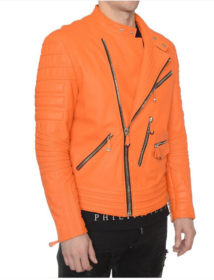 PHILIPP PLEIN 

ORANGE LEATHER BIKER JACKET
Zip closure
Gold color brand inscription on the back 

Content: 100% leather

Pre-owned, very good condition!
Name of celebrity will be disclosed after sale complete

100% authentic guarantee 

PLEASE