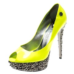 Philipp Plein Neon Green Patent Leather Peep Toe Spike Platform Pumps Size 38