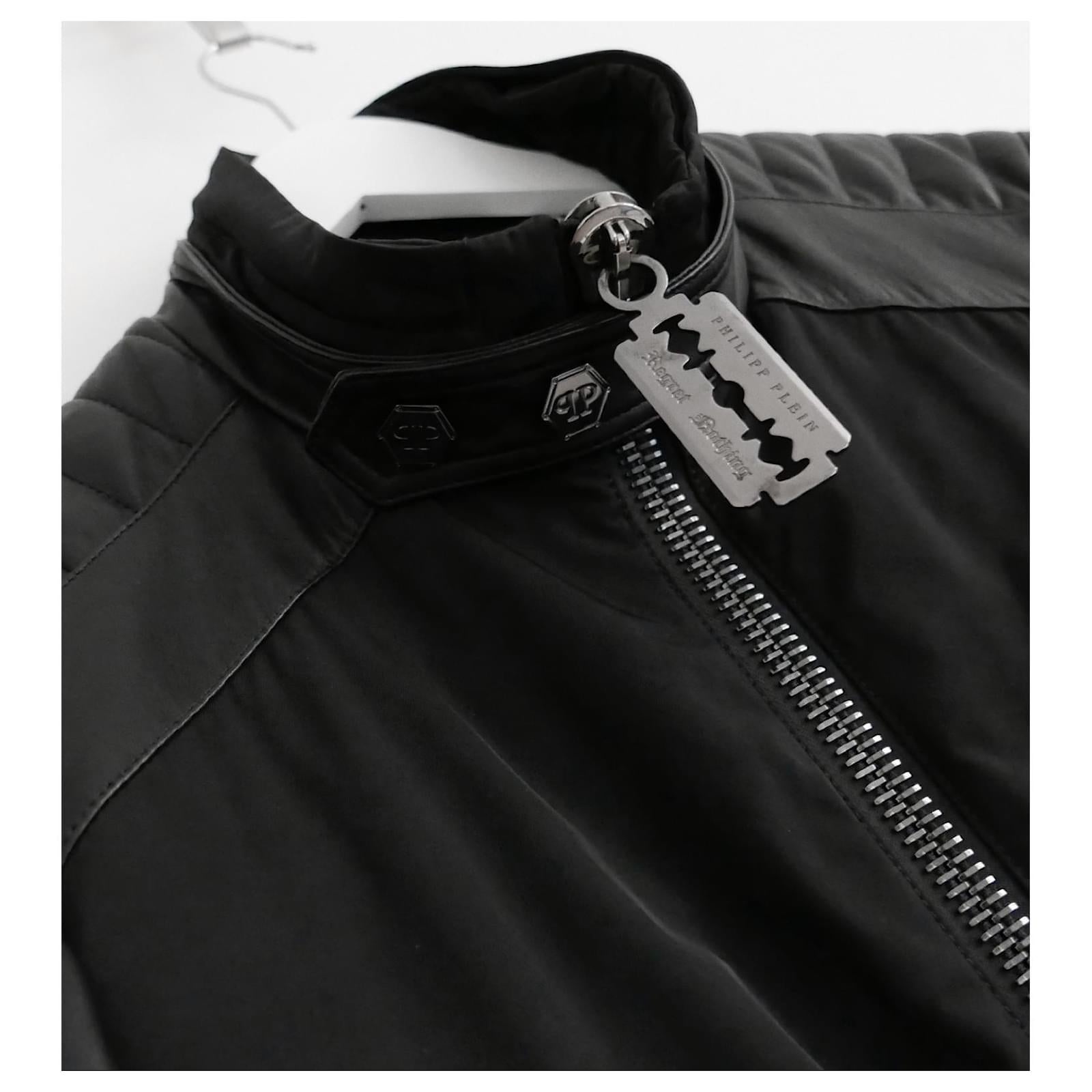 Men's Philipp Plein Nylon & Leather Biker Jacket Black For Sale
