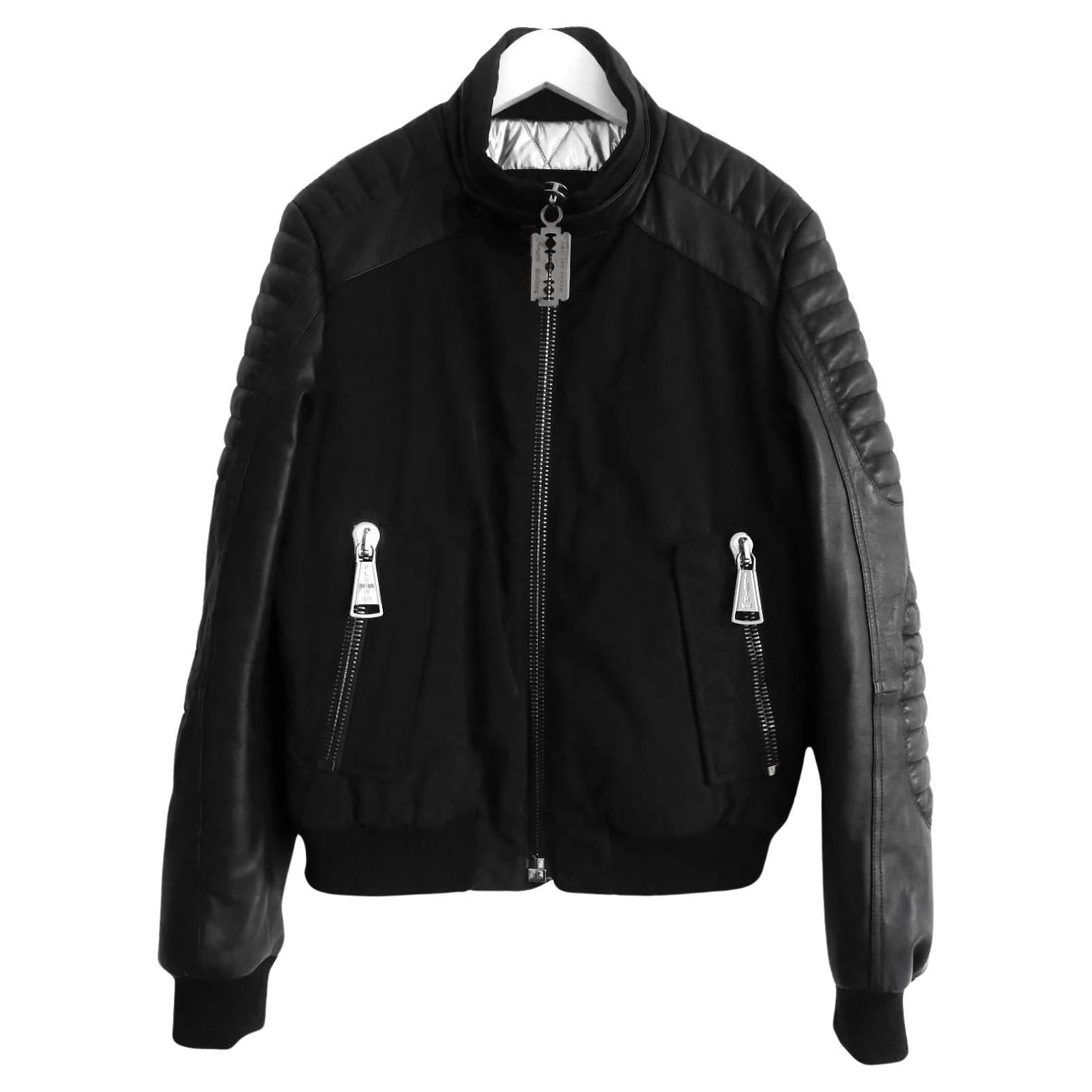 Philipp Plein Nylon & Leather Biker Jacket Black For Sale