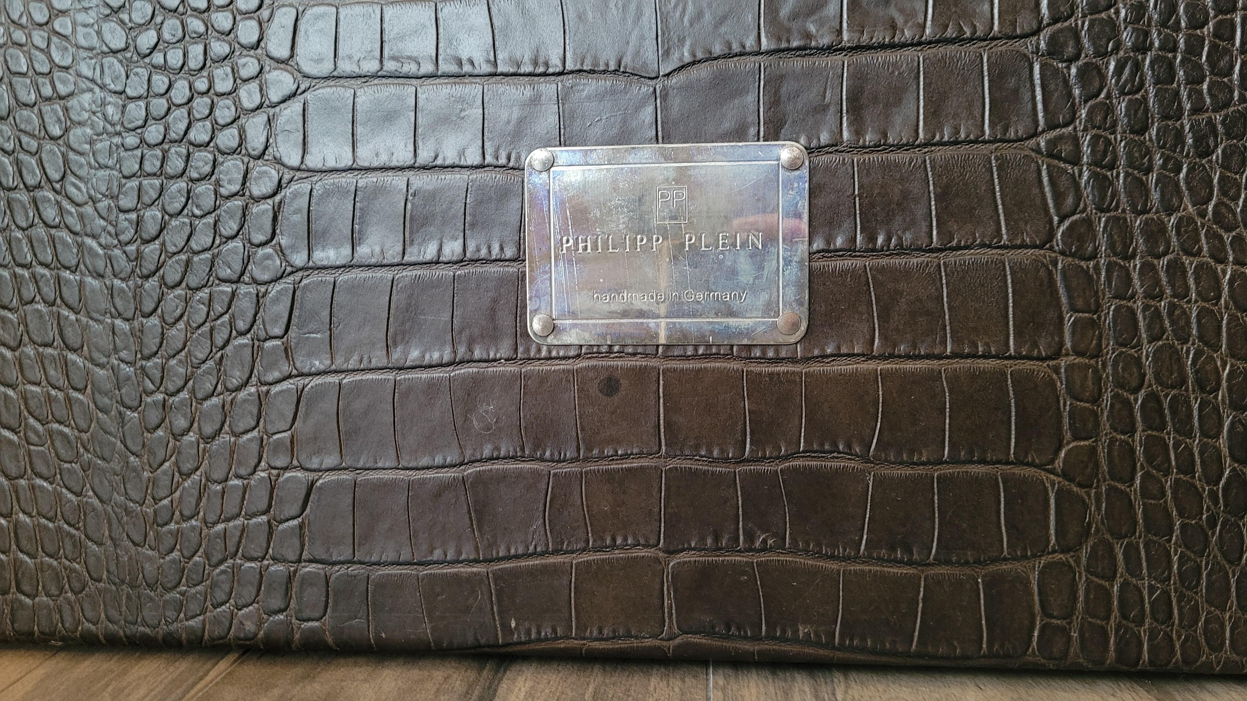 German  Philipp Plein office  black table in split leather with a crocodile skin effect For Sale