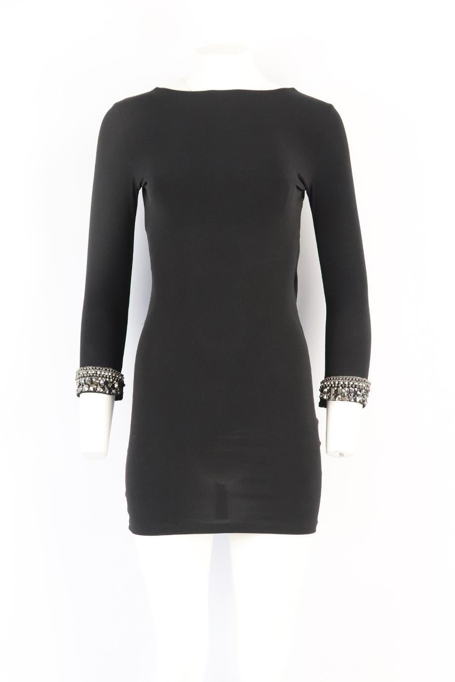 Philipp Plein open back embellished ruched stretch jersey mini dress. Black. Long sleeve, boat neck. 100% Polyester. Size: XSmall (UK 6, US 2, FR 34, IT 38). Bust: 32 in. Waist: 24 in. Hips: 29 in. Length: 32 in. Very good condition - Light signs of