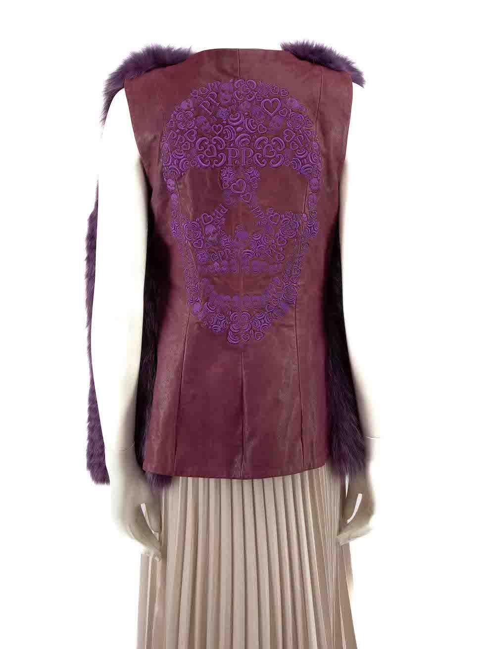 Philipp Plein Purple Fox Fur & Leather Embroidered Vest Size S In Good Condition For Sale In London, GB