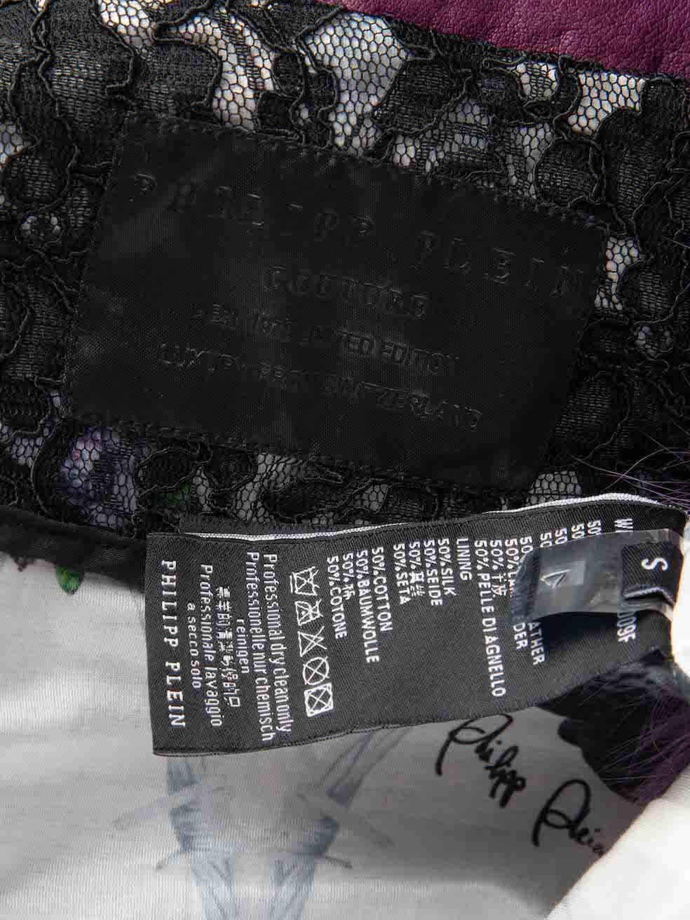Gilet brodé en cuir et fourrure de renard violet Philipp Plein Taille S Pour femmes en vente