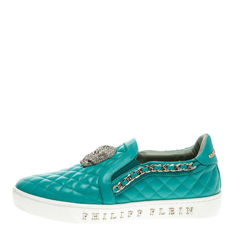 Blue Philipp Plein Quilted Leather Crystal Embellished Skull Slip On Sneakers Size 37