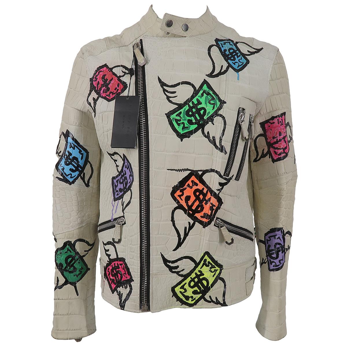 PHILIPP PLEIN Rare white crocodile motorcycle jacket speckled with colorful winged dollar bills.
As seen on Boxer Floyd Mayweather Jr. as well as on Paris Hilton Boyfriend on the memorable 
Runway Cruise 2018 that took place in Canne France on may