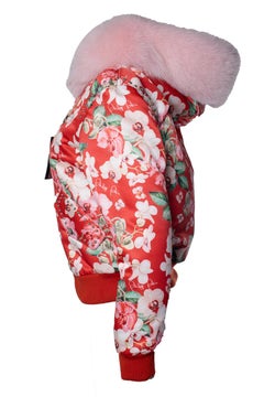 Philipp Plein, bomber stampato con orchidea rossa e pelliccia