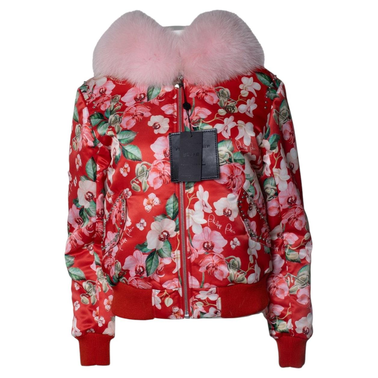 Philipp Plein, bomber con estampado de orquídeas rojas y pieles
