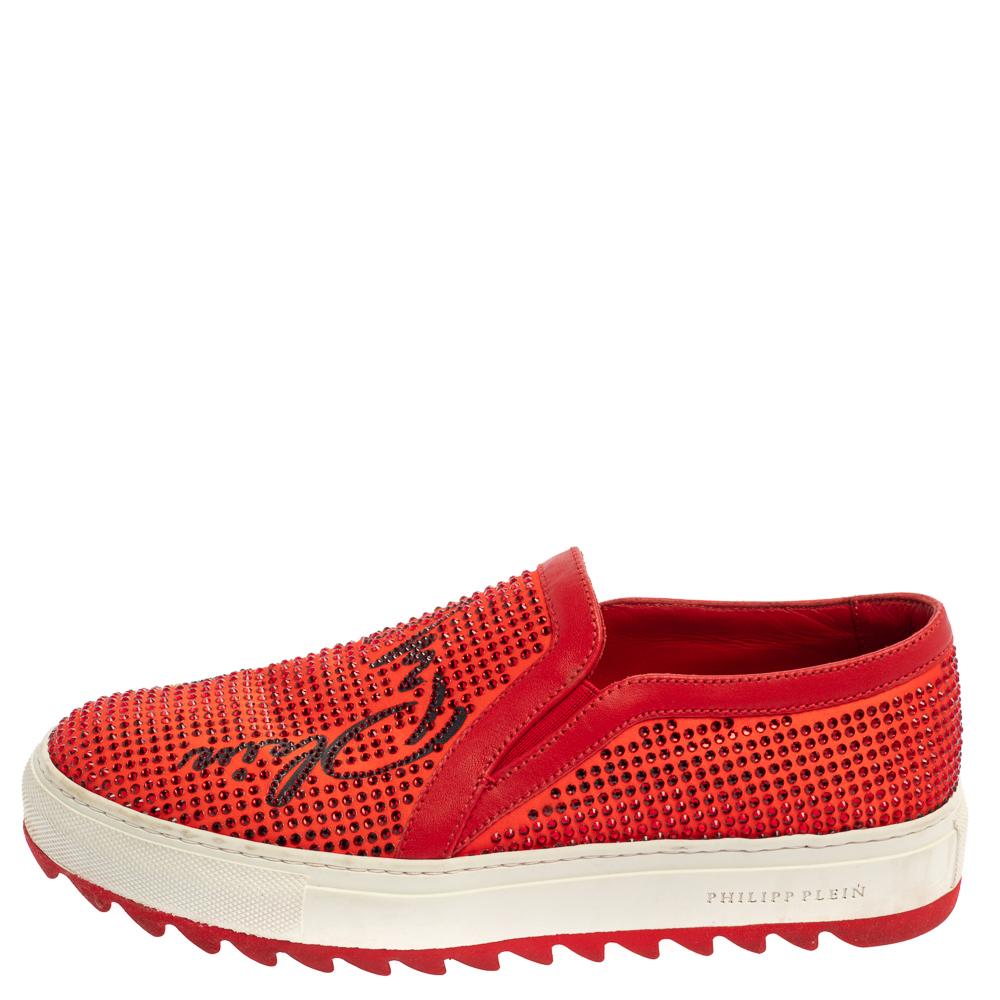 Women's Philipp Plein Red Satin Trims Crystal Embellished Slip On Sneakers Size 39