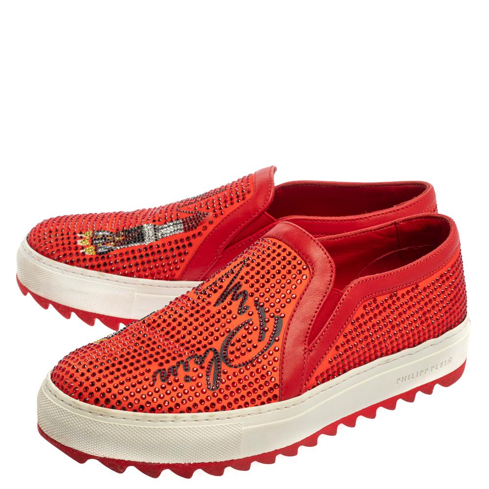 Philipp Plein Red Satin Trims Crystal Embellished Slip On Sneakers Size 39 2