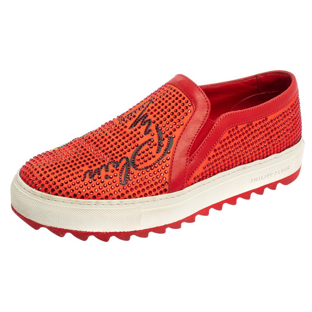 Philipp Plein Red Satin Trims Crystal Embellished Slip On Sneakers Size 39