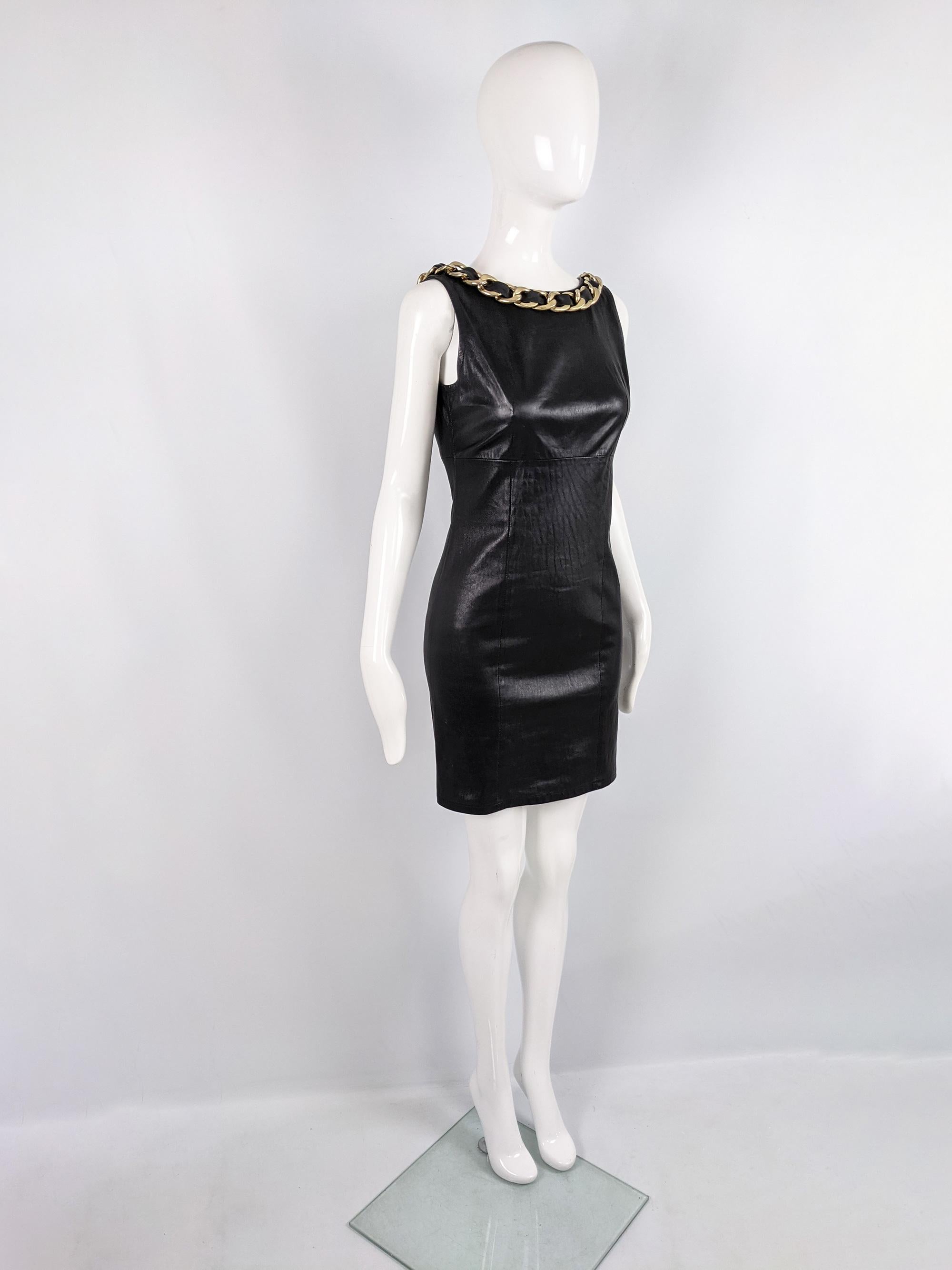Philipp Plein Sexy Black & Gold Heavy Chain Sleeveless Leather Mini Dress In Good Condition In Doncaster, South Yorkshire