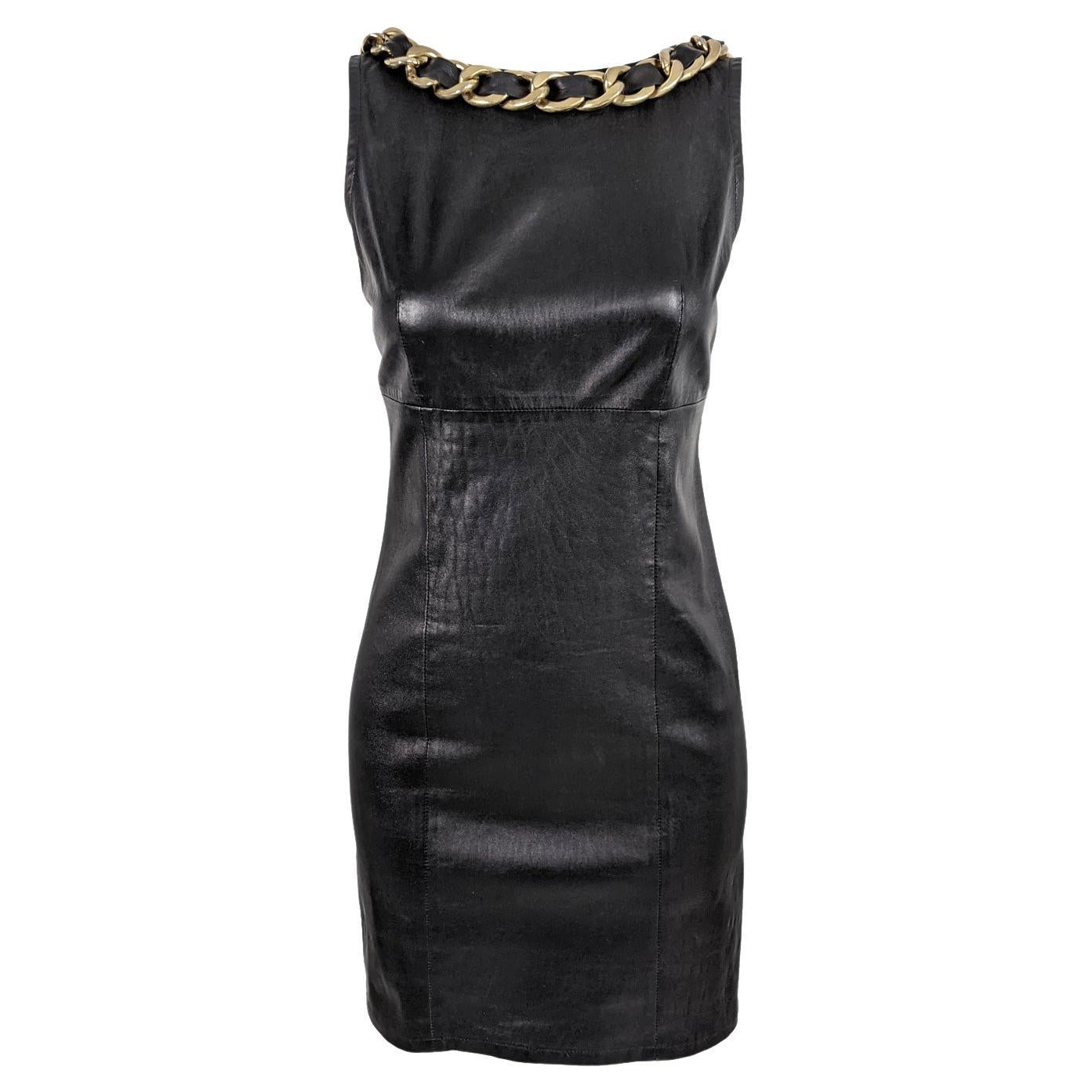Philipp Plein Sexy Black & Gold Heavy Chain Sleeveless Leather Mini Dress