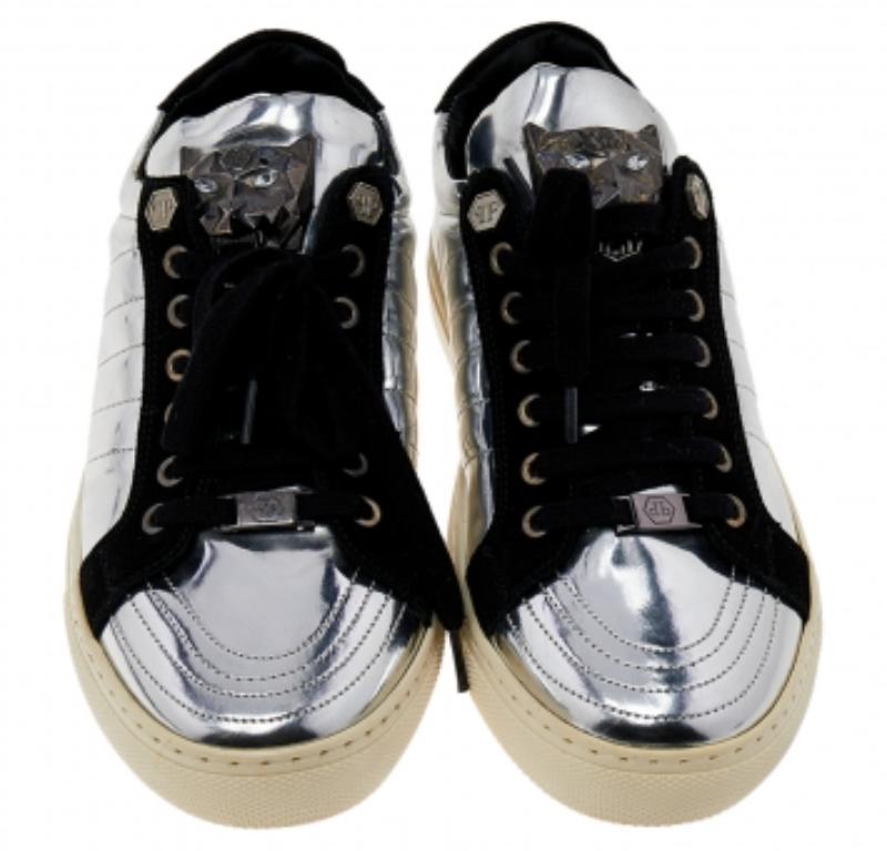 Men's Philipp Plein Silver /Black Leather And Suede Low Top Sneakers Size 41