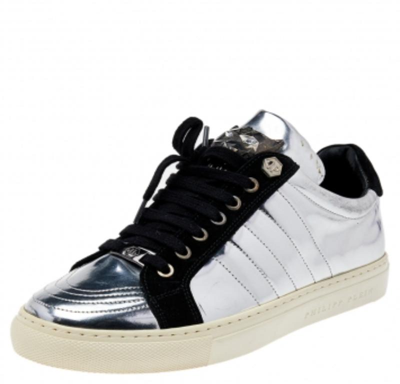 Philipp Plein Silver /Black Leather And Suede Low Top Sneakers Size 41 1
