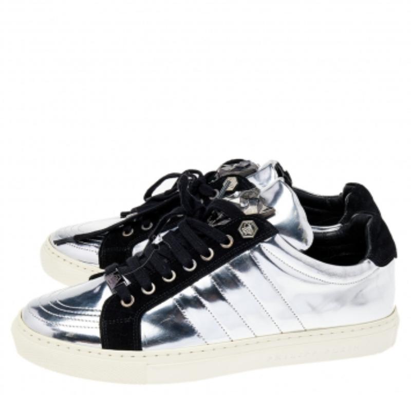 Philipp Plein Silver /Black Leather And Suede Low Top Sneakers Size 41 4