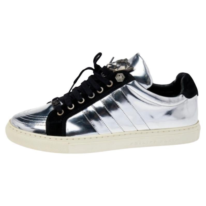 Philipp Plein Silver /Black Leather And Suede Low Top Sneakers Size 41