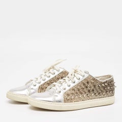 Philipp Plein Silver/Gold Leather And Glitter Spike Sneakers Size 36