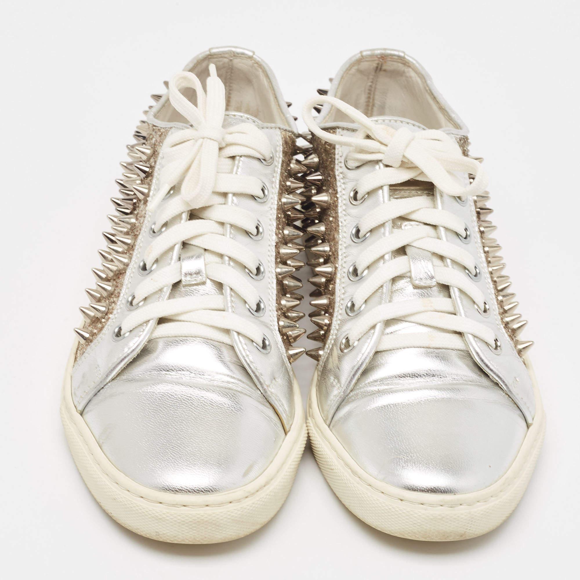 Beige Philipp Plein Silver/Gold Leather and Glitter Spike Sneakers Taille 36 en vente