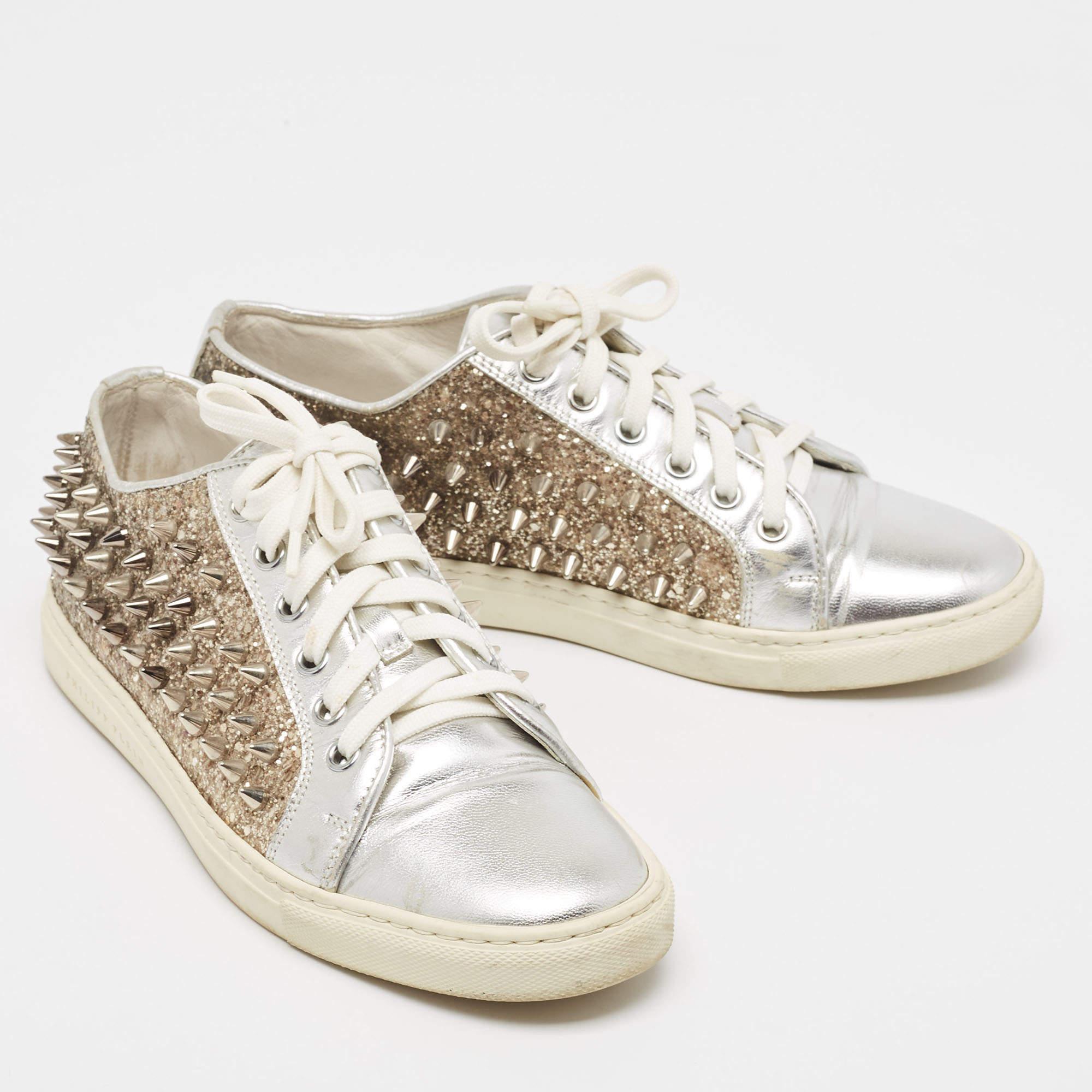 Philipp Plein Silver/Gold Leather and Glitter Spike Sneakers Taille 36 Bon état - En vente à Dubai, Al Qouz 2