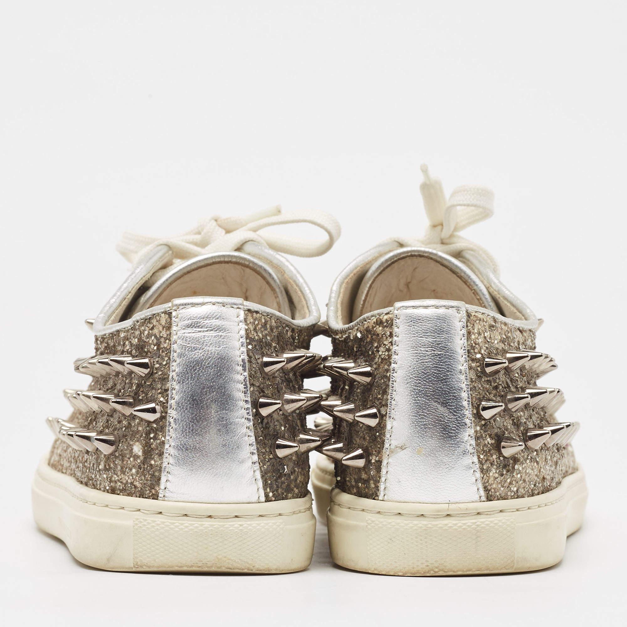 Philipp Plein Silver/Gold Leather and Glitter Spike Sneakers Taille 36 Pour femmes en vente
