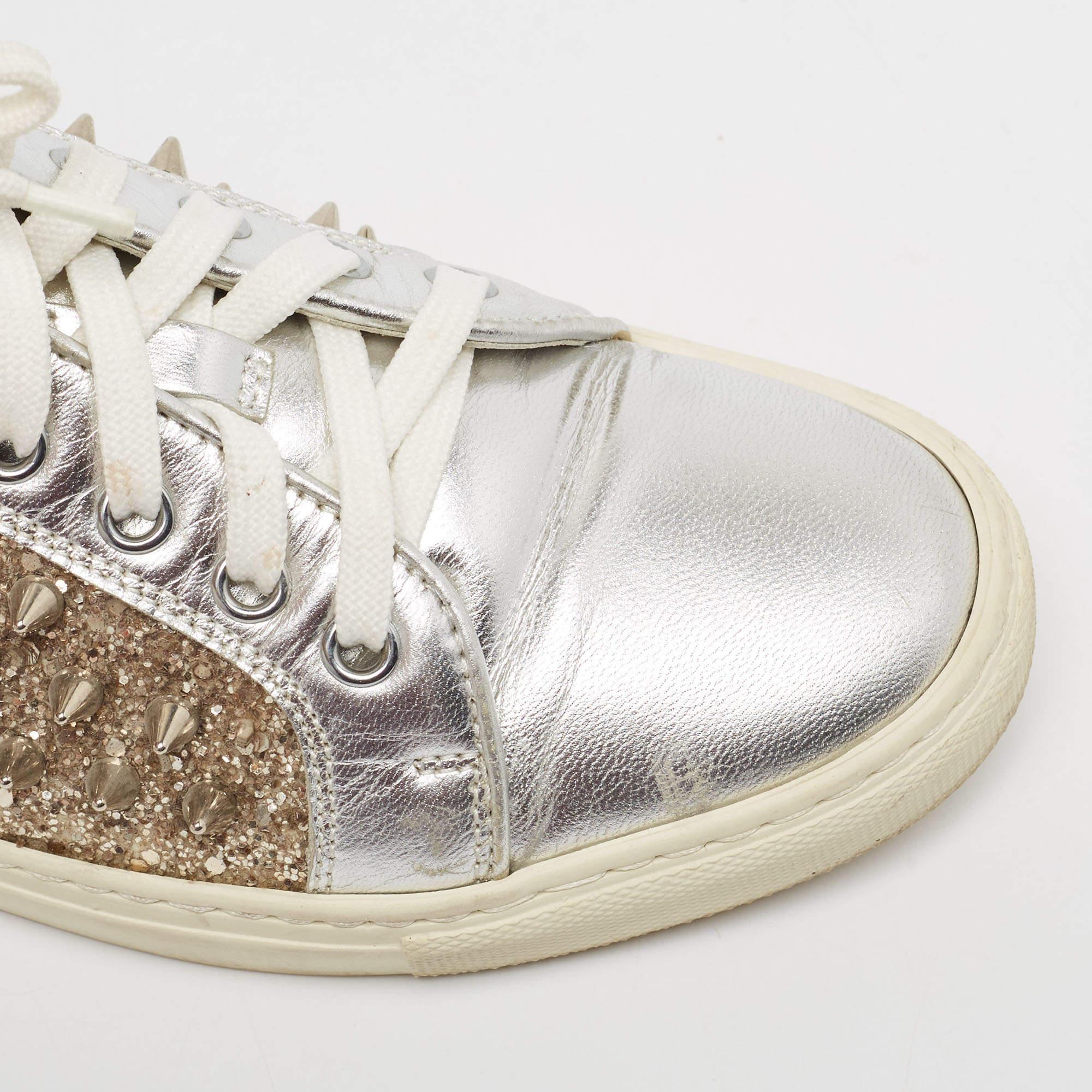 Philipp Plein Silver/Gold Leather and Glitter Spike Sneakers Taille 36 en vente 3