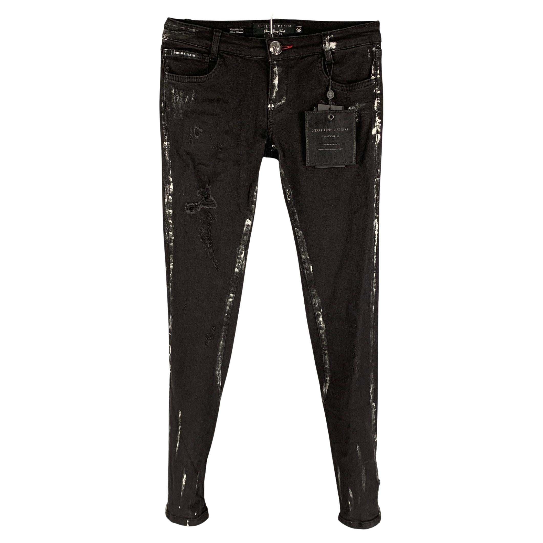 PHILIPP PLEIN Size 2 Black & Silver Cotton Super Slim Fit The Glory Jeans