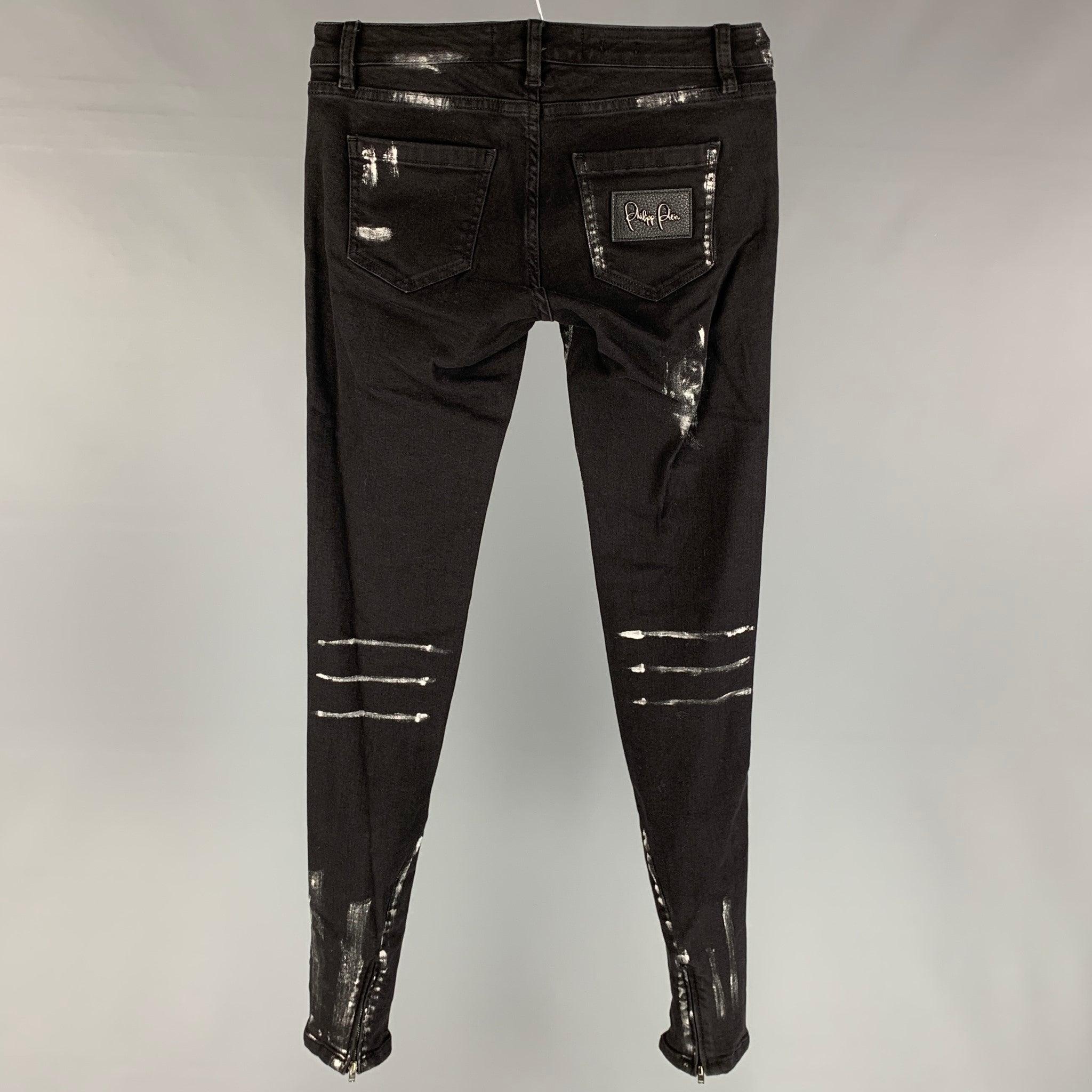 PHILIPP PLEIN Size 2 Cotton Paint Splattered Super Slim Fit The Glory Jeans In Excellent Condition In San Francisco, CA