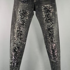 PHILIPP PLEIN Size 29 Black Grey Paint Splatter Cotton Straight Distressed Jeans