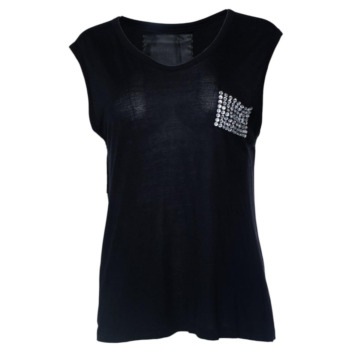 Philipp Plein, top senza maniche con taschino in strass in vendita