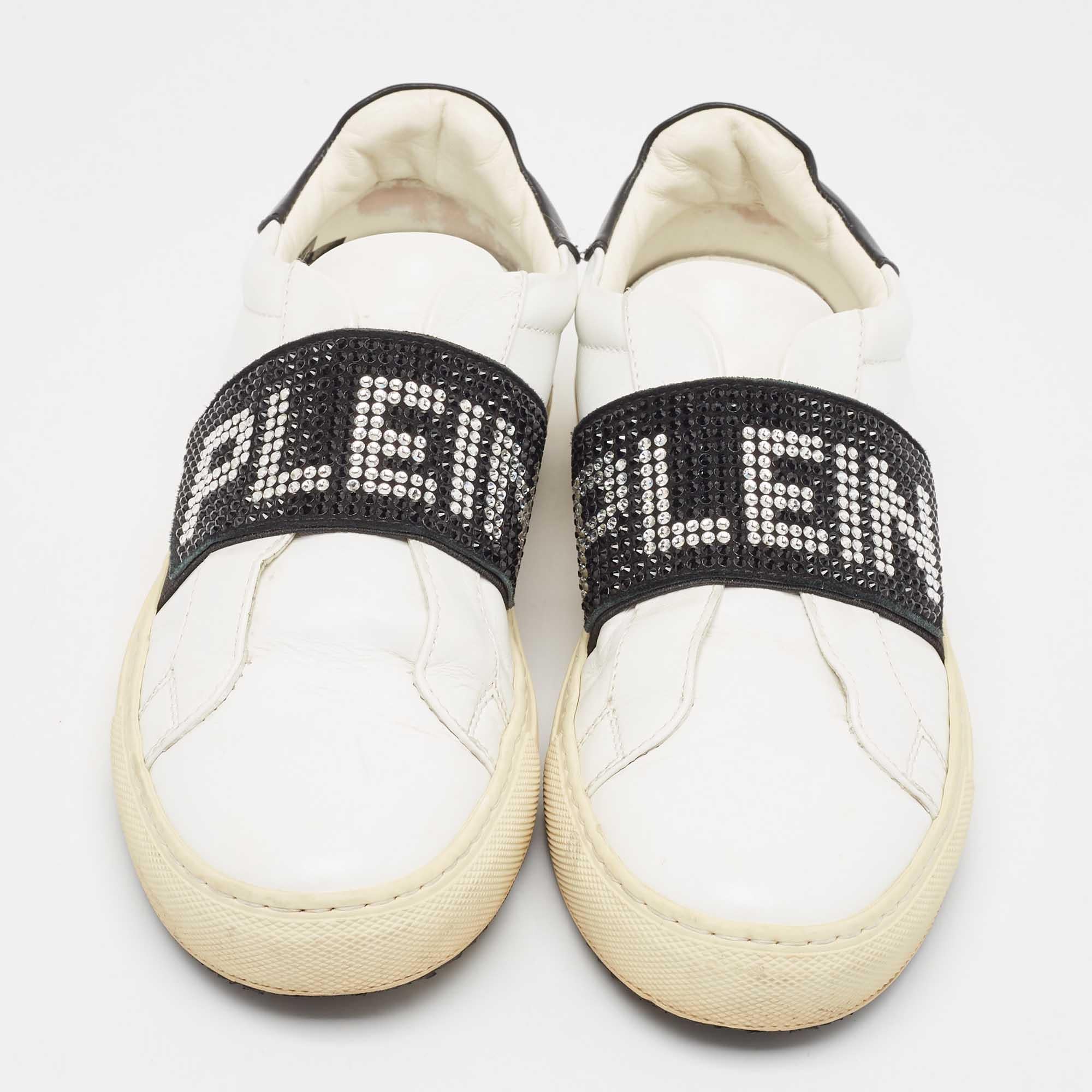 Beige Philipp Plein White/Black Leather  Crystal Embellished  Sneakers Size 35 For Sale