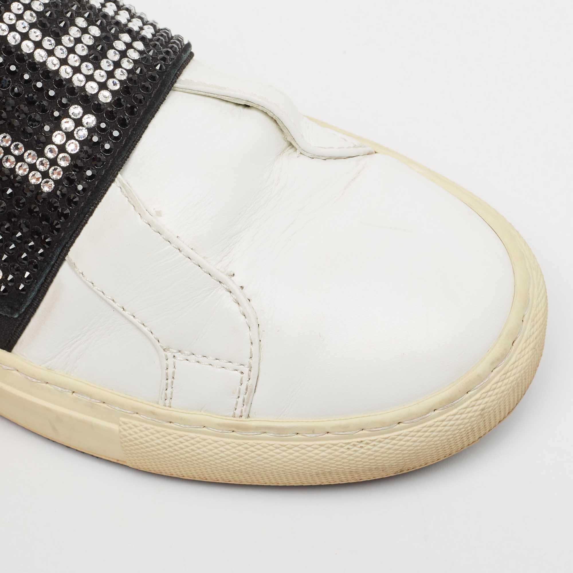 Philipp Plein White/Black Leather  Crystal Embellished  Sneakers Size 35 For Sale 2