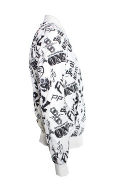 Philipp Plein weißer Bomber mit schwarzer Dollar/Totenkopf/Text-Skizze in Größe L.
