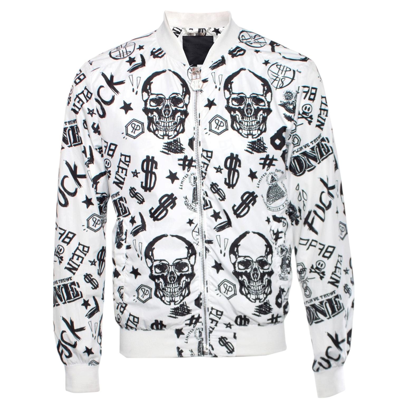 Philipp plein white bomber with black dollar/skull/text sketching in size L. For Sale