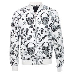 Philipp Plein weißer Bomber mit schwarzer Dollar/Totenkopf/Text-Skizze in Größe L.