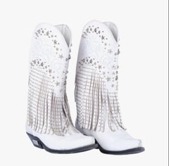 Philipp Plein White Leather Fringe Cowboy Boots - '20s