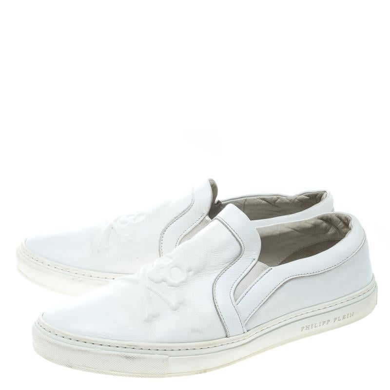 Philipp Plein White Leather Slip On Sneakers Size 44 For Sale 2